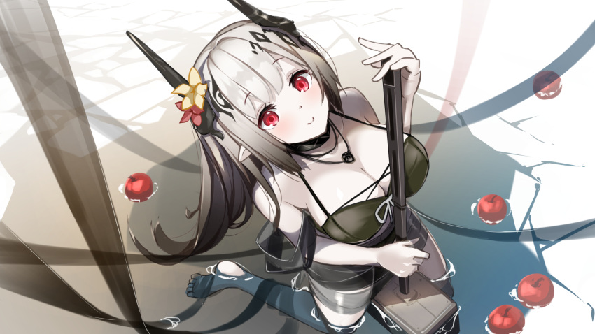 apple arknights barefoot blush breasts cleavage food fruit gray_hair hellnyaa horns long_hair mudrock_(arknights) necklace pointed_ears red_eyes water weapon