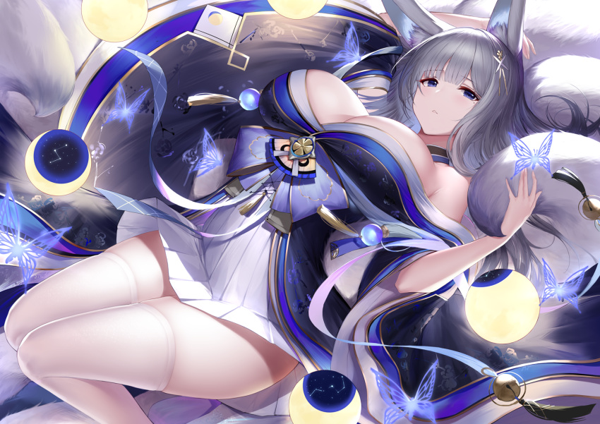 animal_ears anthropomorphism azur_lane breasts butterfly cleavage foxgirl gray_hair higandgk japanese_clothes long_hair multiple_tails no_bra purple_eyes shinano_(azur_lane) tail thighhighs