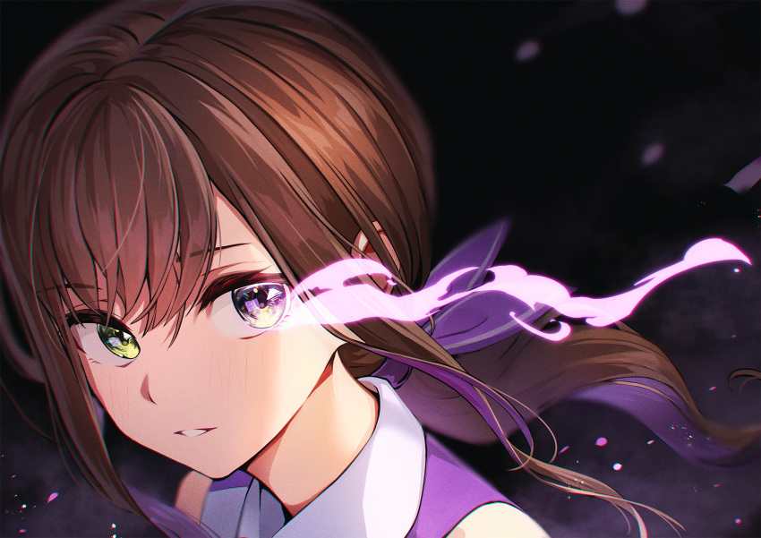 bicolored_eyes blush brown_hair close enogu kagawa_ichigo natsume_haru ponytail purple