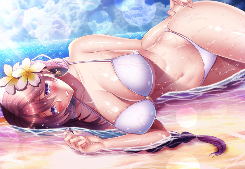 beach bikini braids brown_hair clouds emma_millstein long_hair navel purple_eyes sen_no_kiseki sky swimsuit twintails water wet yuuzuki_hijiri