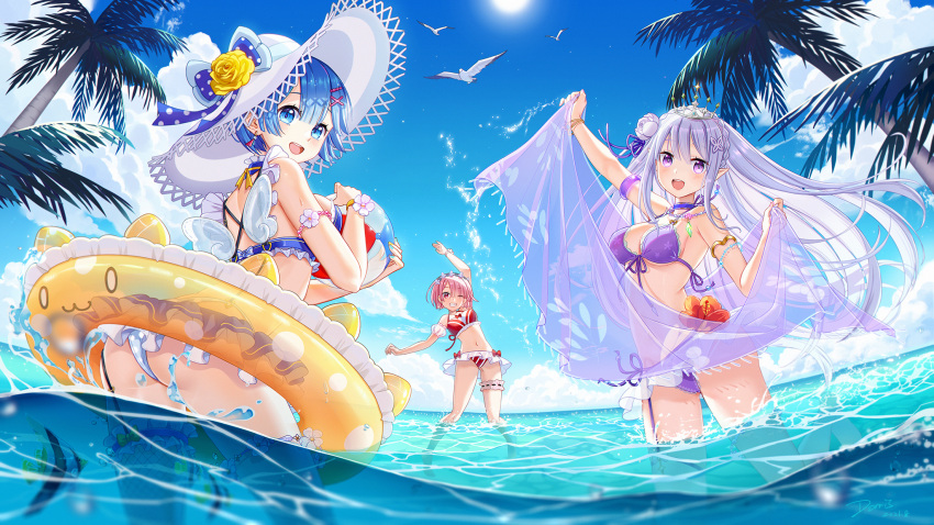 animal ass ball bikini bird blue_eyes blue_hair clouds dorris emilia_(re:zero) fish gray_hair hat pink_hair pointed_ears purple_eyes ram_(re:zero) re:zero_kara_hajimeru_isekai_seikatsu rem_(re:zero) short_hair sky swim_ring swimsuit tiara tree twins water wink