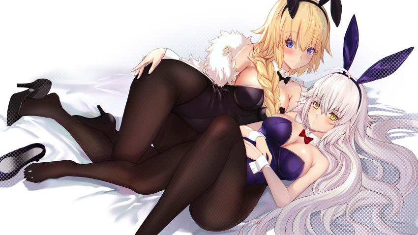 2girls animal_ears blonde_hair braids bunny_ears bunnygirl fate/grand_order fate_(series) jeanne_d'arc_(fate) jeanne_d'arc_alter leotard long_hair pantyhose ponytail untue