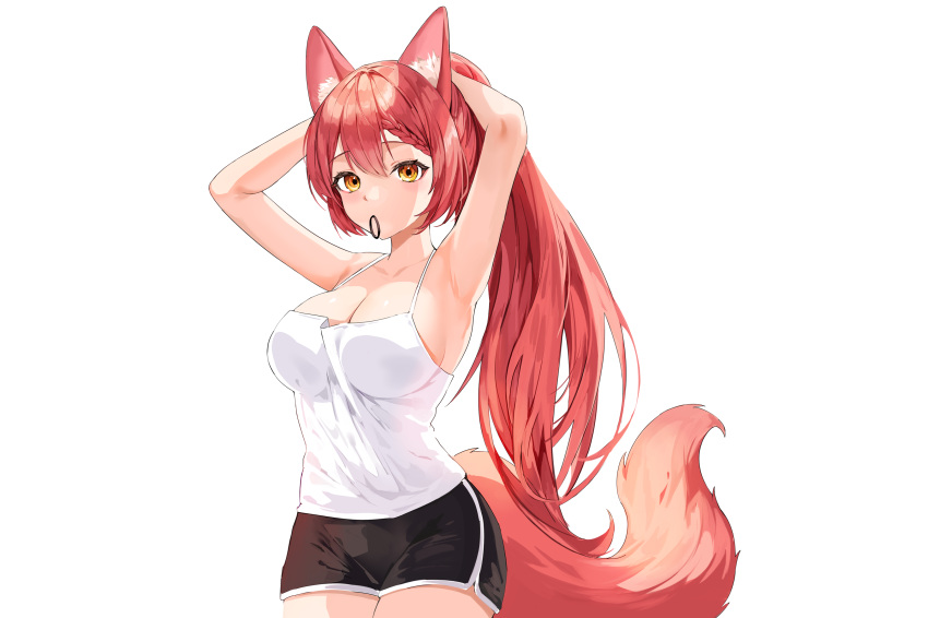 animal_ears braids breasts cleavage foxgirl lillly long_hair no_bra original ponytail red_hair shorts tail white yellow_eyes