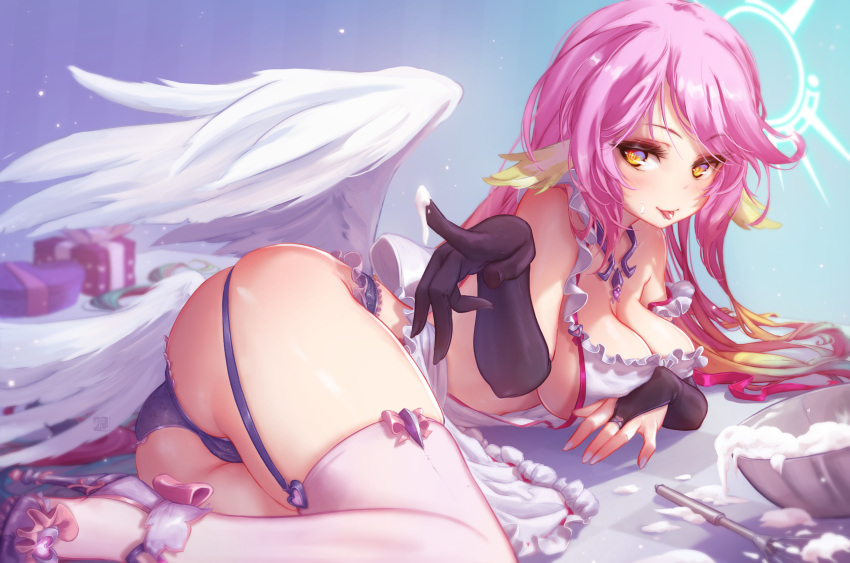 apron ass breast_hold cameltoe elbow_gloves garter_belt gloves halo jibril long_hair mitsu_(mitsu_art) no_bra no_game_no_life purple_hair shorts stockings watermark wings yellow_eyes