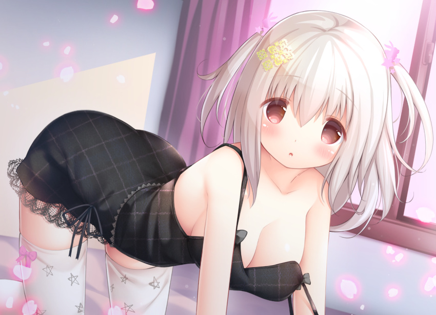 blush breasts brown_eyes cleavage gray_hair murano no_bra original thighhighs twintails waifu2x zettai_ryouiki