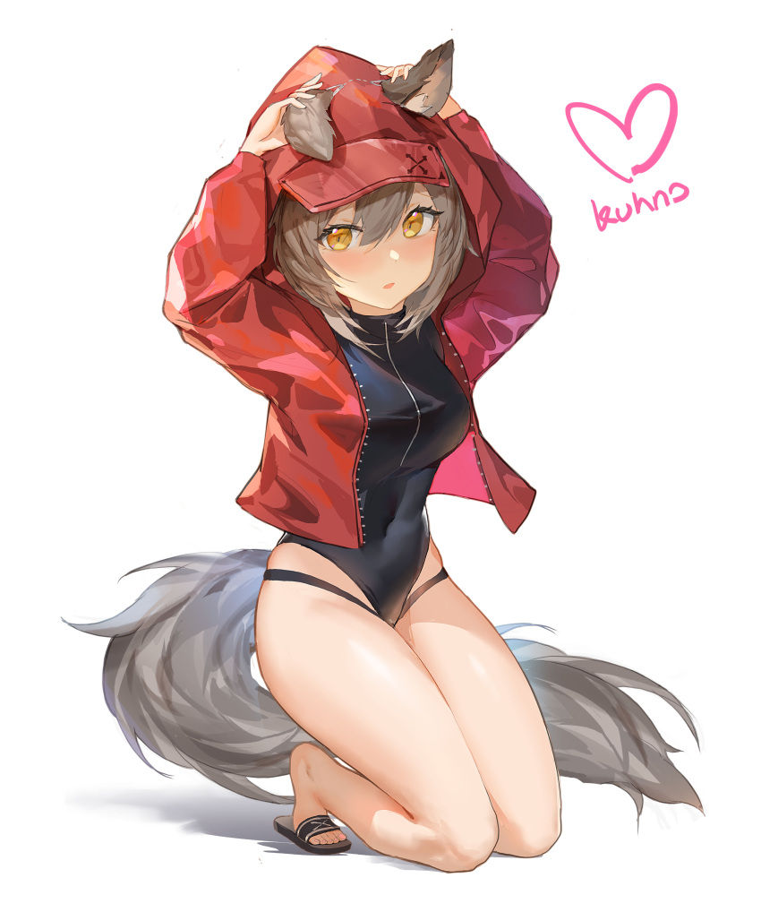 animal_ears arknights kuhnowushi open_shirt projekt_red_(arknights) swimsuits tail