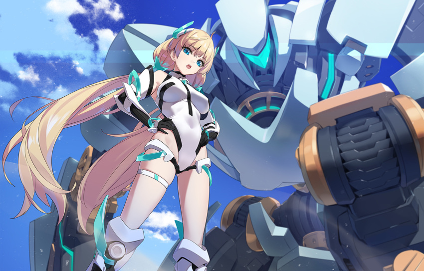 angela_balzac aqua_eyes armor blonde_hair boots clouds elbow_gloves expelled_from_paradise garter gloves leotard long_hair mecha mechagirl sky twintails yang-do