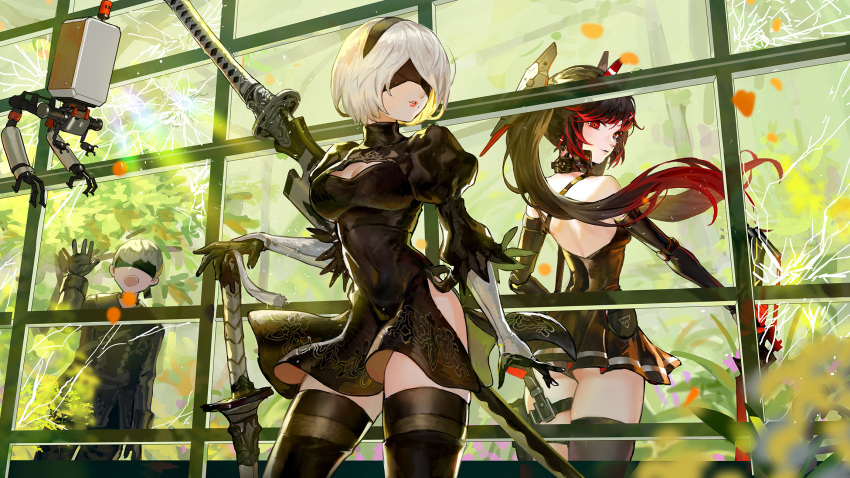 ass cleavage crossover danann dress garter lucia_(punishing:_gray_raven) nier_automata no_bra pantsu punishing:_gray_raven skirt_lift sword thighhighs thong yorha_no.2_type_b yorha_no._9_type_s