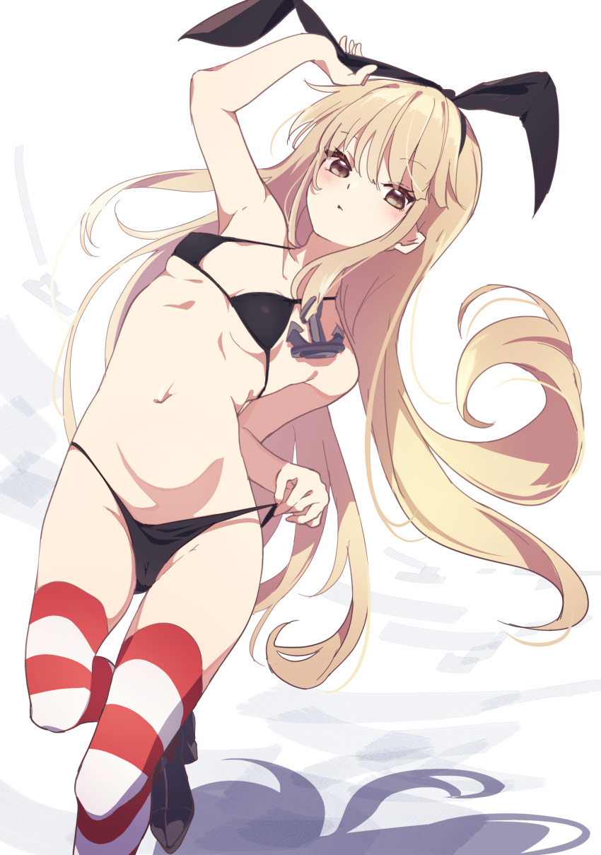 animal_ears bikini bunny_ears cameltoe erect_nipples kantai_collection panty_pull shimakaze_(kancolle) suwakana swimsuits thighhighs undressing