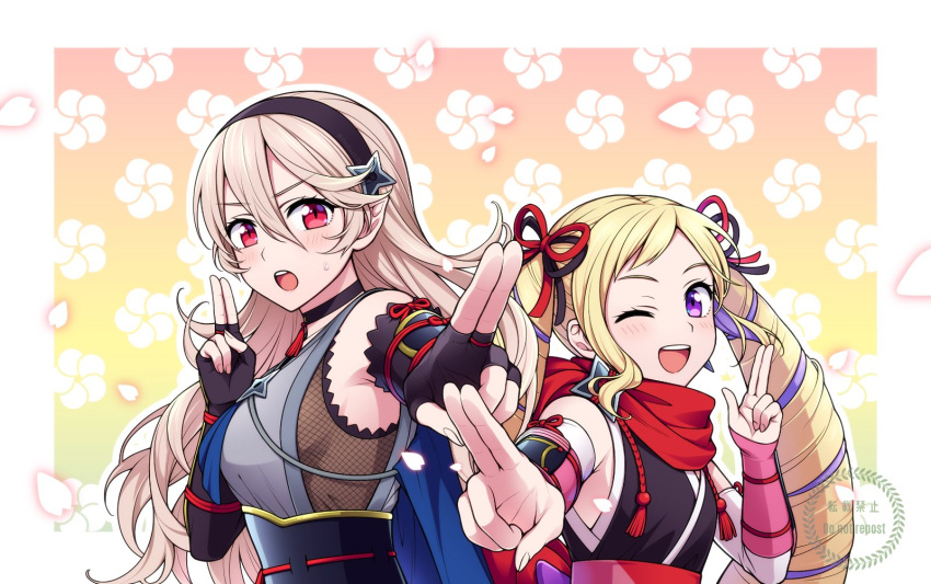 2girls alternate_costume bangs bare_shoulders black_choker black_gloves black_hairband black_kimono black_ribbon blonde_hair blush choker commentary_request corrin_(fire_emblem) corrin_(fire_emblem)_(female) drill_hair earrings elise_(fire_emblem) eyebrows_visible_through_hair fingerless_gloves fingernails fire_emblem fire_emblem_fates fire_emblem_heroes fishnets floral_background gloves grey_hair grey_kimono hair_between_eyes hair_ornament hair_ribbon hairband height_difference highres hiyori_(rindou66) japanese_clothes jewelry kimono kuji-in long_hair looking_at_viewer manakete multicolored_hair multiple_girls ninja obi official_alternate_costume one_eye_closed open_mouth pointy_ears purple_eyes purple_hair red_eyes red_ribbon red_scarf ribbon sash scarf shuriken_earrings shuriken_hair_ornament sidelocks sleeveless sleeveless_kimono smile streaked_hair sweatdrop teeth tongue twin_drills twitter_username two-tone_hair upper_body upper_teeth very_long_hair