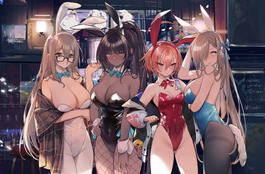 4girls ahoge akane_(blue_archive) alcohol animal_ears asuna_(blue_archive) bangs bare_shoulders black_hair black_legwear black_leotard blue_archive blue_bow blue_bowtie blue_eyes blue_leotard blue_ribbon blush bow bowtie braid breast_hold breasts brown_eyes cleavage commentary covered_navel dark-skinned_female dark_skin detached_collar fake_animal_ears fake_tail fishnet_legwear fishnets floral_print glasses gloves grin hair_between_eyes hair_over_one_eye hair_ribbon halo hand_on_hip highres jacket karin_(blue_archive) large_breasts leotard light_brown_hair long_hair looking_at_viewer multiple_girls neru_(blue_archive) pantyhose parted_bangs parted_lips pink_hair plaid_shawl playboy_bunny rabbit_ears red_bow red_bowtie red_eyes red_leotard ribbon shawl short_hair sidelocks small_breasts smile standing strapless strapless_leotard sweatdrop tail white_gloves white_legwear white_leotard wine wrist_cuffs yellow_eyes yokii