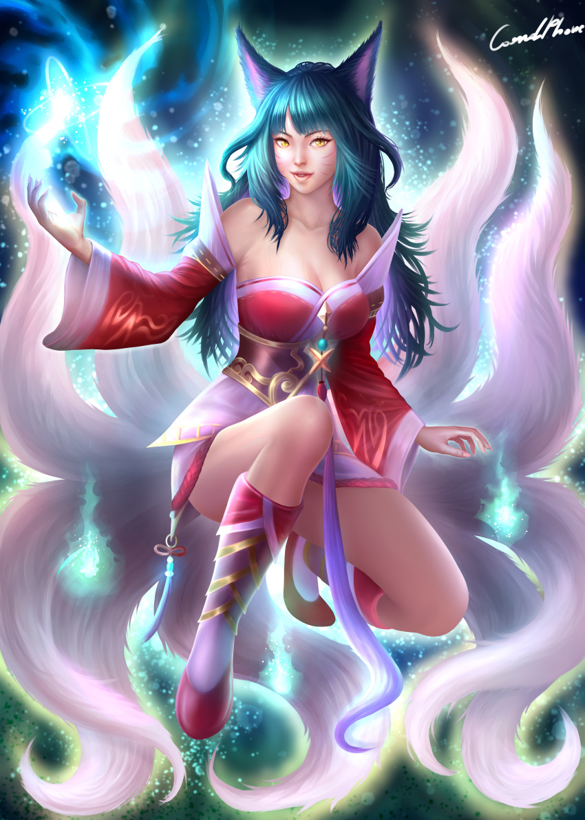 ahri animal_ears asian_clothes cardphone kitsune league_of_legends no_bra tail