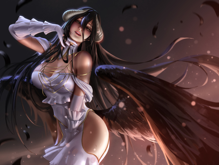 albedo_(overlord) dress horns liang_xing no_bra nopan overlord wings