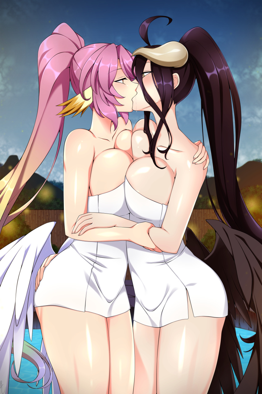 albedo_(overlord) animal_ears devil horns jibril_(no_game_no_life) lindaroze no_game_no_life no_game_no_life_desu! no_game_no_life_zero onsen overlord symmetrical_docking towel wings yuri