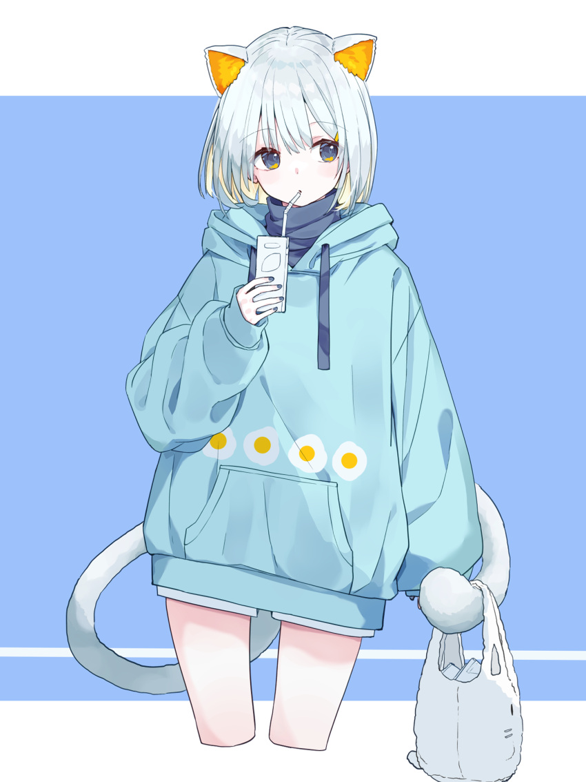1girl animal_ear_fluff animal_ears bag bangs blue_background blue_eyes blue_hoodie blue_nails blue_theme blush cat_ears cat_tail commentary_request cowboy_shot cropped_legs drink drinking_straw eyebrows_visible_through_hair highres holding holding_drink holding_with_tail hood hood_down hoodie juice_box long_sleeves looking_to_the_side original prehensile_tail rb2 shopping_bag short_hair shorts silver_hair simple_background sleeves_past_wrists solo standing tail turtleneck two-tone_background white_background white_hair