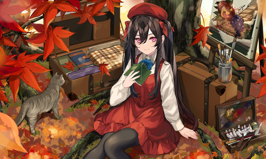 1girl animal autumn_leaves beret black_hair book bow bowtie cat collared_shirt dress hair_bow hat highres holding leaf long_hair long_sleeves looking_at_viewer luggage maple_leaf original painting_(object) pink_eyes red_dress red_headwear shirt sidelocks sleeveless sleeveless_dress smile solo takehana_note two_side_up very_long_hair white_shirt