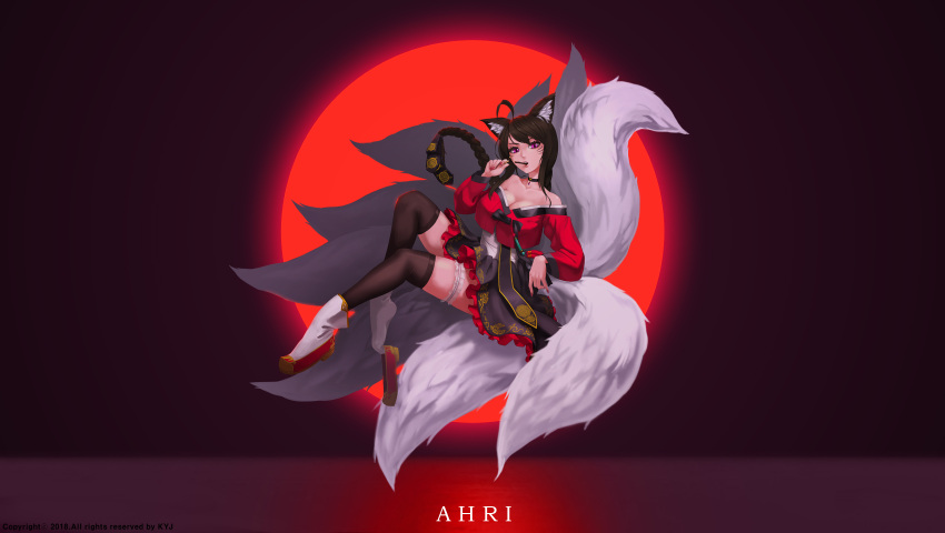 ahri animal_ears asian_clothes garter kitsune league_of_legends no_bra open_shirt skirt_lift tagme tail thighhighs wallpaper