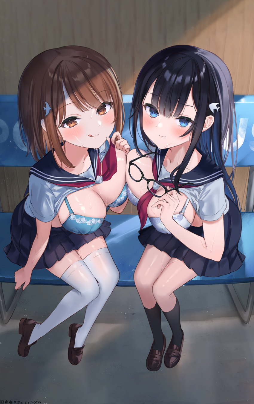 bra megane nekoyashiki_pushio seifuku shirt_lift symmetrical_docking thighhighs