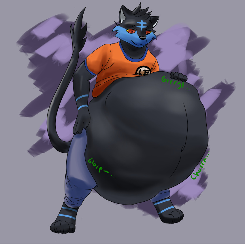 abstract_background absurd_res alternate_color anthro belly big_belly black_fur blue_fur clothed clothing digestion digital_media_(artwork) dragon_ball fan_character felid feline fully_clothed fur gavin_(sahmoothie) hi_res jeans litten male male_pred mammal nintendo onomatopoeia pants pok&eacute;mon pok&eacute;mon_(species) post_vore satisfied shirt smile smirk solo sound_effects stomach_noises t-shirt video_games vore xaphelm yellow_sclera