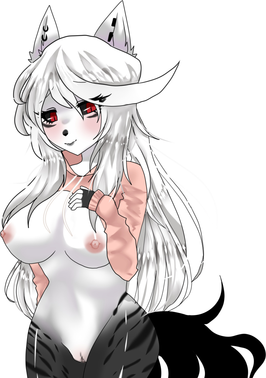 anthro big_breasts black_fur black_sclera blush breasts censored clothing ear_piercing ear_ring felid feline female fur hair lilith_(thewallspaintedred) long_hair mammal meme piercing pussy red_eyes solo stripes thewallspaintedred twitter_hoodie white_fur white_hair