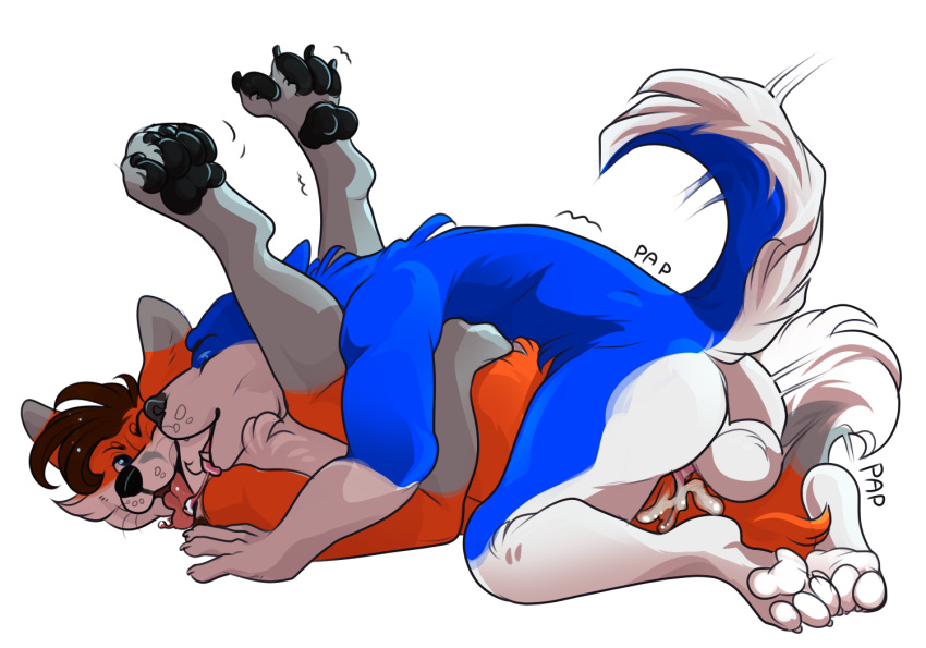 2019 anthro blue_fur canid canine cum cum_inside digital_media_(artwork) fluffy fluffy_tail fur licking lying male male/male mammal missionary_position multicolored_fur on_back orange_fur serialdad sex sketch tongue tongue_out two_tone_fur white_fur