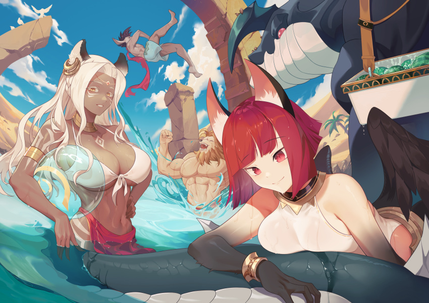 2boys 2girls absurdres afk_arena animal_ears antandra_(afk_arena) arm_tattoo armlet bikini bracelet breasts cleavage dark-skinned_female dark_skin day earrings hand_on_hip head_chain highres jewelry large_breasts long_hair looking_at_viewer low_wings multiple_boys multiple_girls muscular muscular_male navel neck_ring one-piece_swimsuit outdoors red_eyes red_hair short_hair swimsuit tattoo wangxiii water wet white_hair wings yellow_eyes