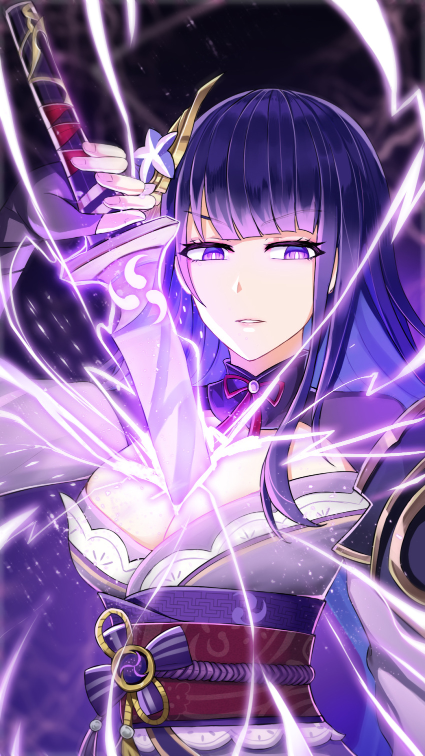 1girl armor bangs black_background breasts bridal_gauntlets cleavage commentary_request electricity flower genshin_impact hair_ornament highres holding holding_sword holding_weapon japanese_clothes kimono large_breasts long_hair looking_at_viewer mitsudomoe_(shape) obi obiage obijime open_mouth parted_lips purple_eyes purple_flower purple_hair raiden_(genshin_impact) ribbon sash shoulder_armor simple_background solo sword tomoe_(symbol) weapon white_(user_gpgw2383)