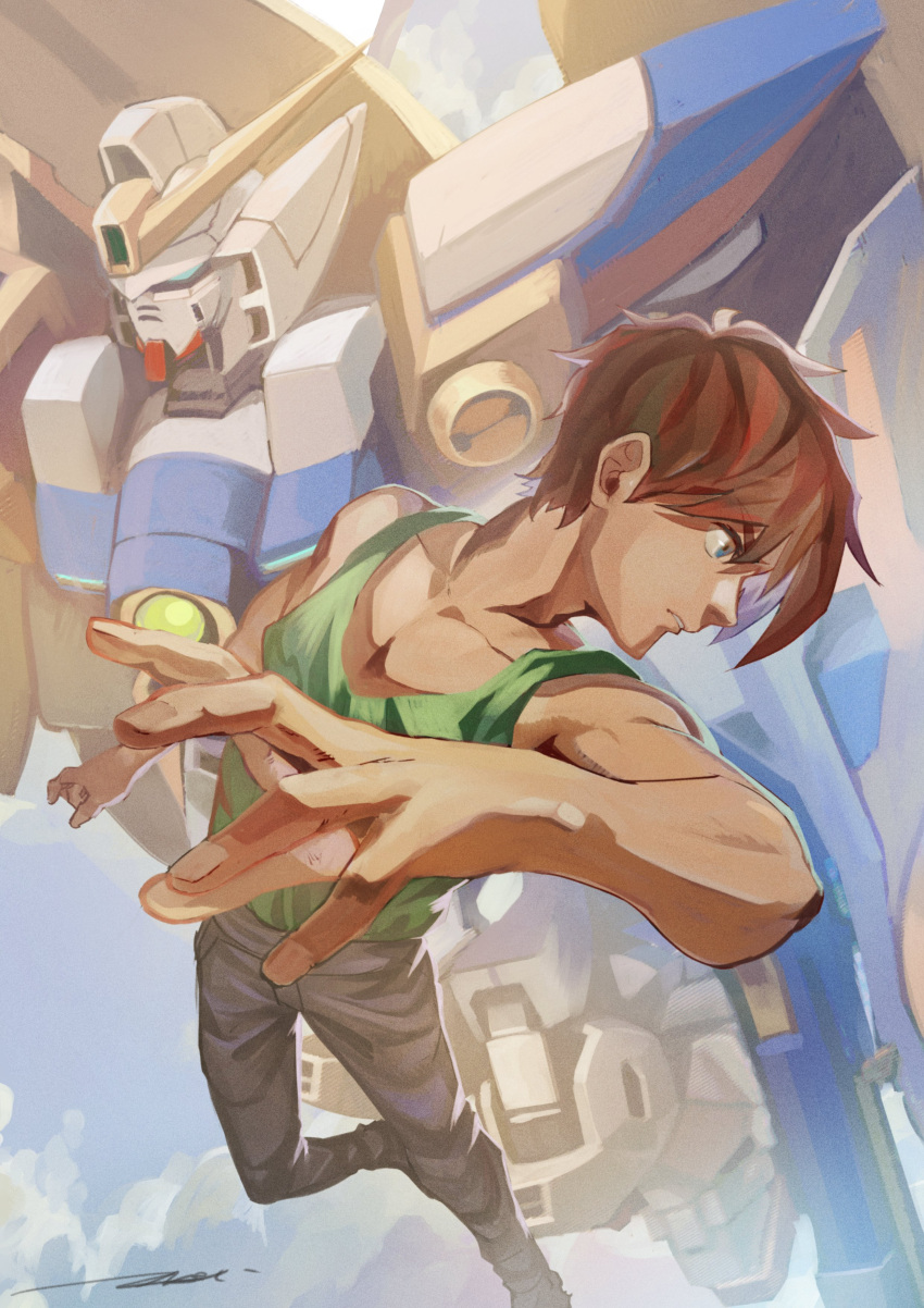 1boy absurdres blue_eyes brown_hair collarbone denim floating full_body green_shirt gundam gundam_wing heero_yuy highres jeans lips male_focus mecha ossan_zabi_190 pants parted_lips shirt short_hair sleeveless sleeveless_shirt wing_gundam