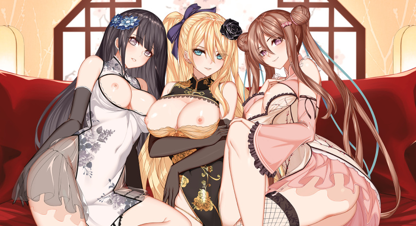 asian_clothes ass breast_hold breasts chinadress chun_mei esg_(essagna) fishnets garter jin_lian nipples no_bra nopan ping_yi see_through skirt_lift stockings thighhighs