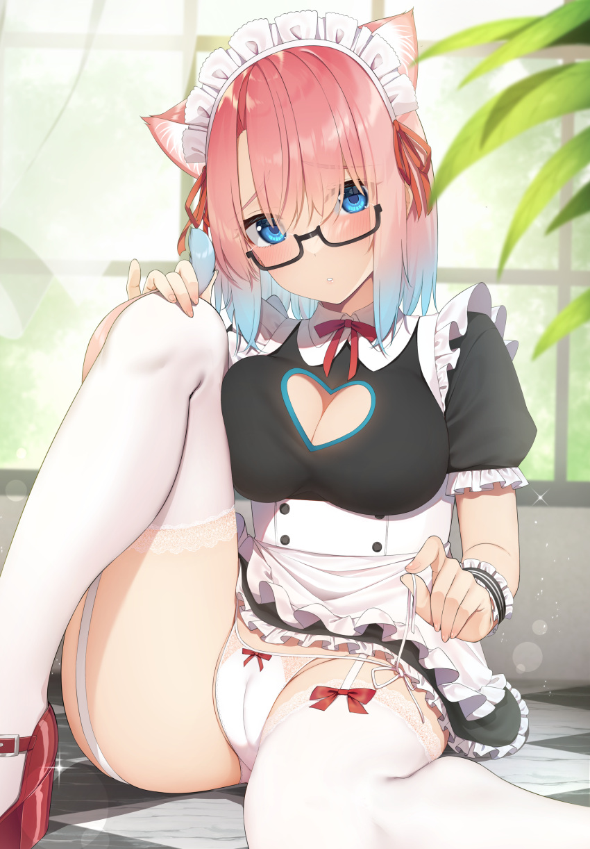 animal_ears cameltoe cleavage go-1 heels maid megane nekomimi pantsu skirt_lift stockings string_panties thighhighs