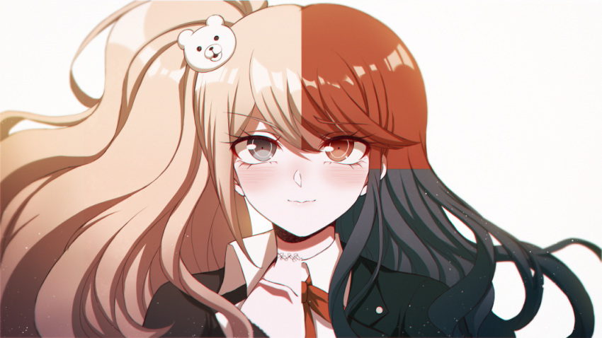 1girl bangs bear_hair_ornament black_choker black_hair black_jacket black_shirt blush choker close-up closed_mouth collarbone collared_shirt criis-chan danganronpa/zero danganronpa:_trigger_happy_havoc danganronpa_(series) danganronpa_v3:_killing_harmony enoshima_junko eyebrows_visible_through_hair face floating_hair hair_between_eyes hair_ornament jacket long_hair looking_at_viewer neck_ribbon necktie otonashi_ryouko pink_eyes portrait red_eyes red_hair ribbon school_uniform shiny shiny_hair shirogane_tsumugi shirt smile solo spoilers stitched symbol-only_commentary white_shirt