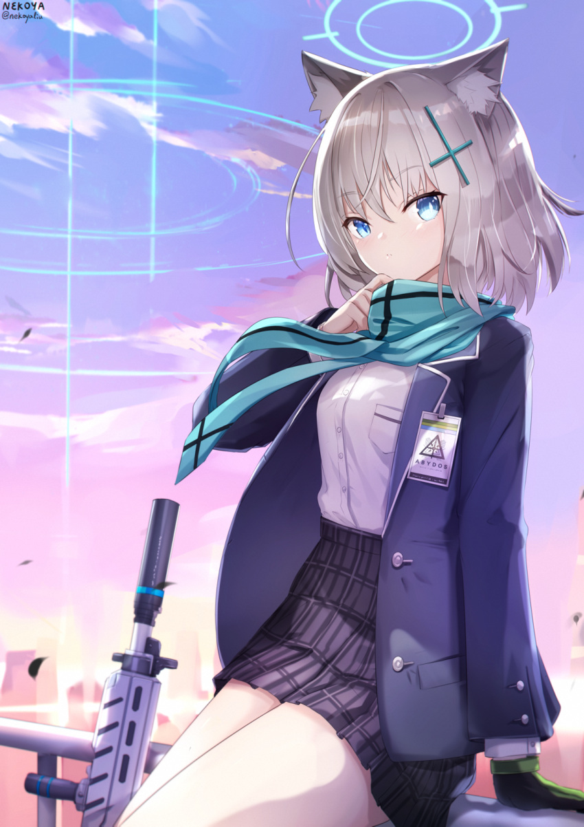1girl animal_ear_fluff animal_ears assault_rifle bangs black_gloves black_skirt blazer blue_archive blue_eyes blue_jacket blue_scarf breasts cat_ears cloud commentary eyebrows_visible_through_hair gloves grey_hair gun hair_ornament halo hand_up highres jacket long_sleeves looking_at_viewer nekoya_(liu) open_clothes open_jacket outdoors pleated_skirt revision rifle scarf school_uniform shiroko_(blue_archive) shirt sig_sauer sig_sauer_556 signature single_glove skirt sky small_breasts solo sunset twitter_username weapon white_shirt