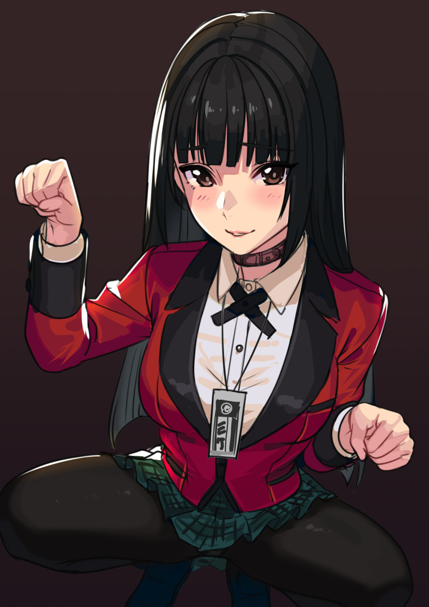 1girl absurdres bangs biting black_hair black_legwear blunt_bangs blush breasts brown_eyes choker eyebrows_visible_through_hair highres hime_cut hyakkaou_academy_uniform jabami_yumeko jacket kagematsuri kakegurui large_breasts lip_biting lips long_hair looking_at_viewer panties panties_under_pantyhose pantyhose paw_pose pleated_skirt red_jacket school_uniform shirt skirt smile solo squatting underwear