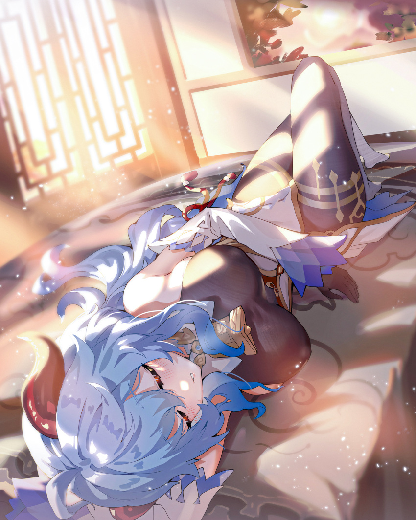 1girl absurdres bed bell blue_hair breasts bugie closed_eyes commission commissioner_upload cowbell full_body ganyu_(genshin_impact) genshin_impact goat_horns highres horns indoors light_rays long_hair lying nipples painting_(object) sleeping solo sunbeam sunlight window