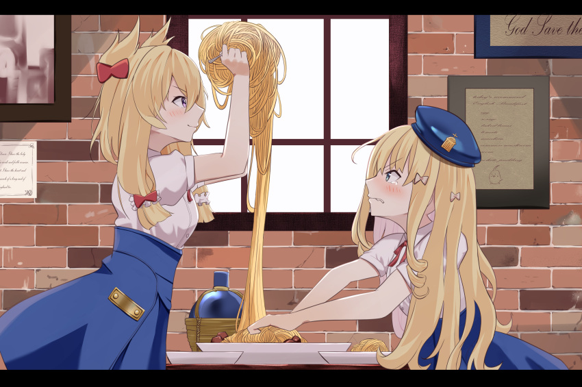 2girls absurdres azur_lane beret blonde_hair blue_eyes blue_skirt blush bottle bow brick_wall buttons castle_of_cagliostro closed_mouth collared_shirt commentary_request food frown hair_bow hat high-waist_skirt highres indoors letterboxed looking_at_another multiple_girls neck_ribbon official_alternate_costume pasta pink_bow plate purple_eyes queen_elizabeth_(azur_lane) queen_elizabeth_(queen_of_the_campus)_(azur_lane) red_bow red_ribbon ribbon scene_reference shirt short_sleeves skirt smile spaghetti tearing_up warspite_(azur_lane) wavy_mouth white_shirt window yomare