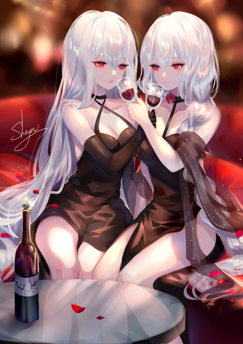 2girls absurdres alcohol alternate_costume arknights artist_name bangs bare_shoulders black_dress black_gloves bottle breasts cleavage commentary dress elbow_gloves gloves hair_between_eyes highres long_hair medium_breasts multiple_girls parted_lips petals red_eyes rose_petals sheya signature silver_hair sitting skadi_(arknights) smile specter_(arknights) symbol-only_commentary table very_long_hair wine wine_bottle yuri