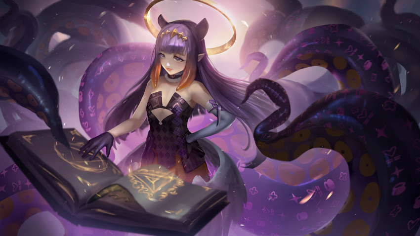 1girl argyle bangs black_gloves book cglas flat_chest gloves gradient_hair grimoire halo hand_on_hip highres hololive hololive_english long_hair multicolored_hair ninomae_ina'nis open_book pointy_ears purple_eyes purple_hair solo tentacles very_long_hair