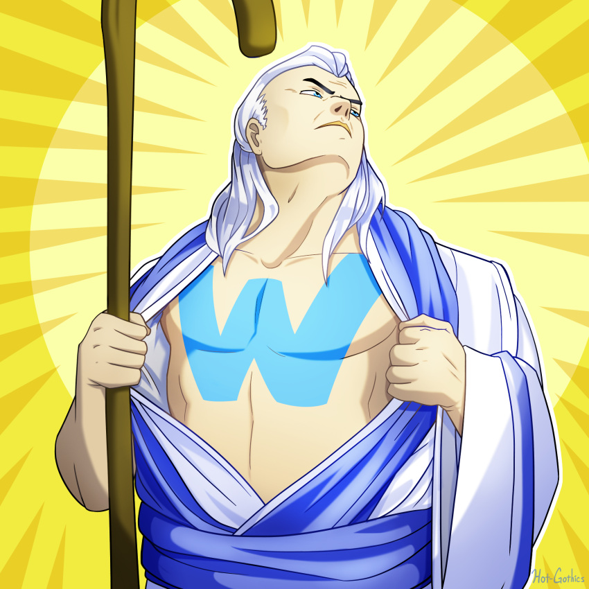 1boy age_of_empires artist_name blue_eyes commission english_commentary frown highres holding holding_staff hot-gothics long_hair male_focus parody pectorals priest_(aoe) robe solo staff superman_(series) undressing white_hair wide_sleeves wololo yellow_background