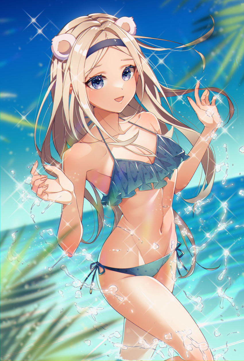 1girl aleksandra_i._pokryshkin animal_ears bear_ears bikini blonde_hair blue_bikini blue_eyes blush brave_witches breasts cleavage collarbone doromaso groin hair_ornament hairband highres long_hair looking_at_viewer navel ocean open_mouth outdoors shiny shiny_hair shiny_skin side-tie_bikini sky small_breasts smile solo swimsuit world_witches_series