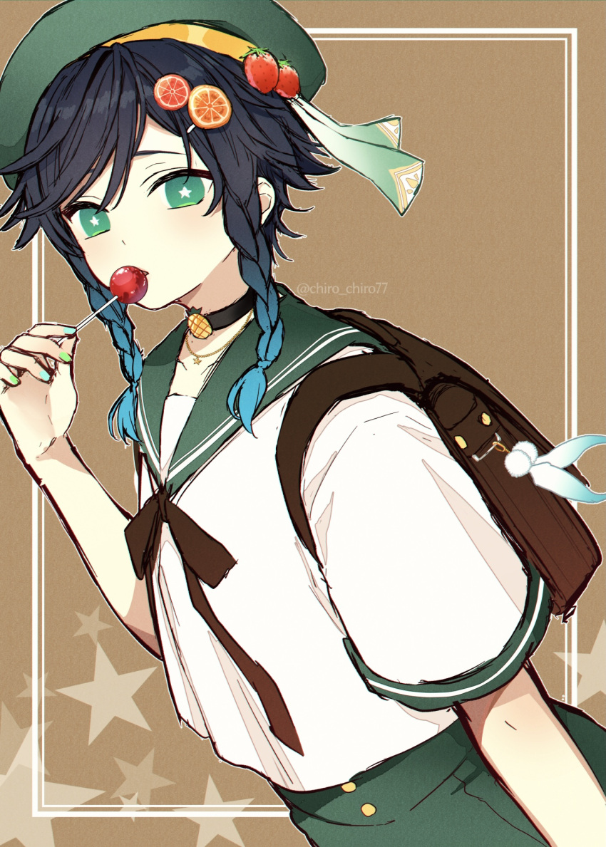 1boy androgynous bag bangs beret black_hair blue_hair braid candy chiroron choker collared_shirt commentary_request dutch_angle feathers food fruit genshin_impact gradient_hair green_eyes green_headwear hair_ornament hairclip hat highres holding holding_candy holding_food holding_lollipop jewelry lollipop looking_at_viewer male_focus multicolored_hair nail_polish necklace open_mouth orange_(food) school_uniform serafuku shirt short_hair_with_long_locks short_sleeves sidelocks simple_background solo star-shaped_pupils star_(symbol) strawberry symbol-shaped_pupils twin_braids venti_(genshin_impact) white_shirt