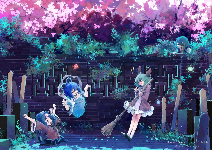 ! !! 4girls ahoge animal_ears arms_up blank_eyes blue_dress blue_eyes blue_hair broom brown_dress claw_pose closed_eyes commentary_request dog_ears dress graveyard green_hair hair_rings hat heterochromia holding holding_broom kaku_seiga kasodani_kyouko long_sleeves miyako_yoshika multiple_girls night open_mouth outstretched_legs peeping red_eyes short_hair sotoba surprised tatara_kogasa through_wall tombstone touhou tree violet_(qs312556616) wall