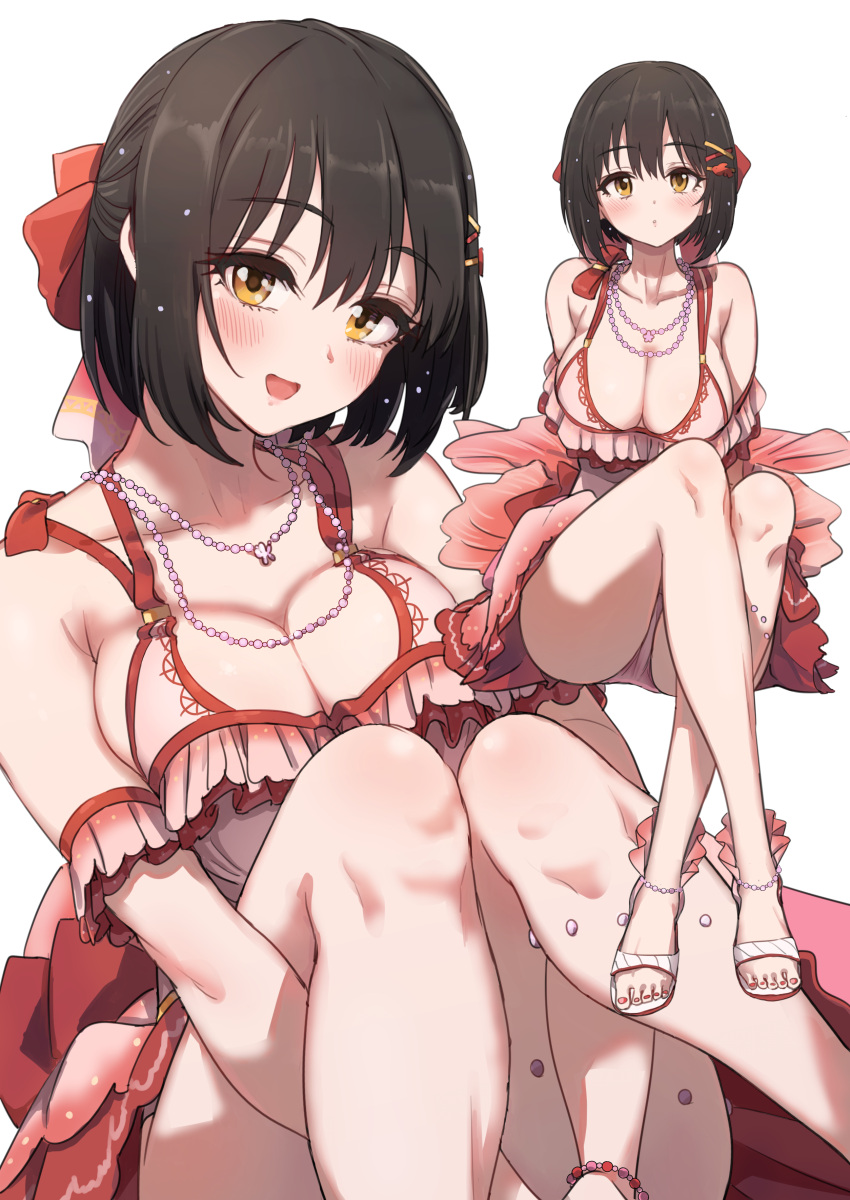 2girls :o absurdres armpit_crease bikini black_hair blush bow breasts cleavage collarbone crossed_ankles detached_sleeves eyebrows_visible_through_hair frilled_bikini frills hair_bow hands_together hands_under_legs head_tilt highres idolmaster idolmaster_cinderella_girls jewelry knees_together_feet_apart large_breasts looking_at_viewer multiple_girls multiple_persona necklace pearl_necklace pizzasi red_bikini sandals short_hair sideboob simple_background smile swimsuit takafuji_kako white_background yellow_eyes