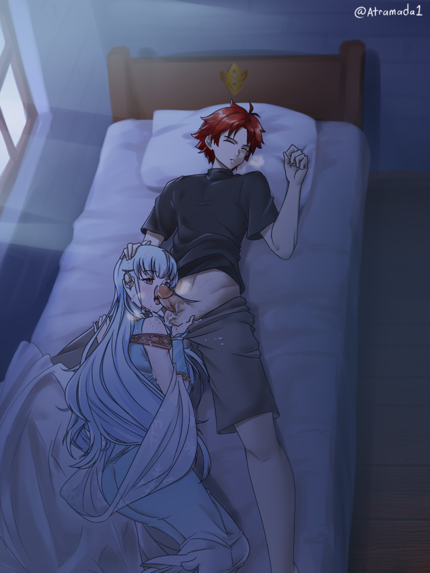 1boy 1girl atramada bed bedroom blue_hair caressing_testicles clothed_sex commission commissioner_upload cum cum_in_mouth cum_on_hair ejaculation facial fire_emblem fire_emblem:_the_binding_blade fire_emblem:_the_blazing_blade hand_on_another's_head heavy_breathing hetero highres incest md5_mismatch mother_and_son night ninian_(fire_emblem) oral red_hair roy_(fire_emblem) sleep_molestation sleeping stealth_fellatio stealth_handjob