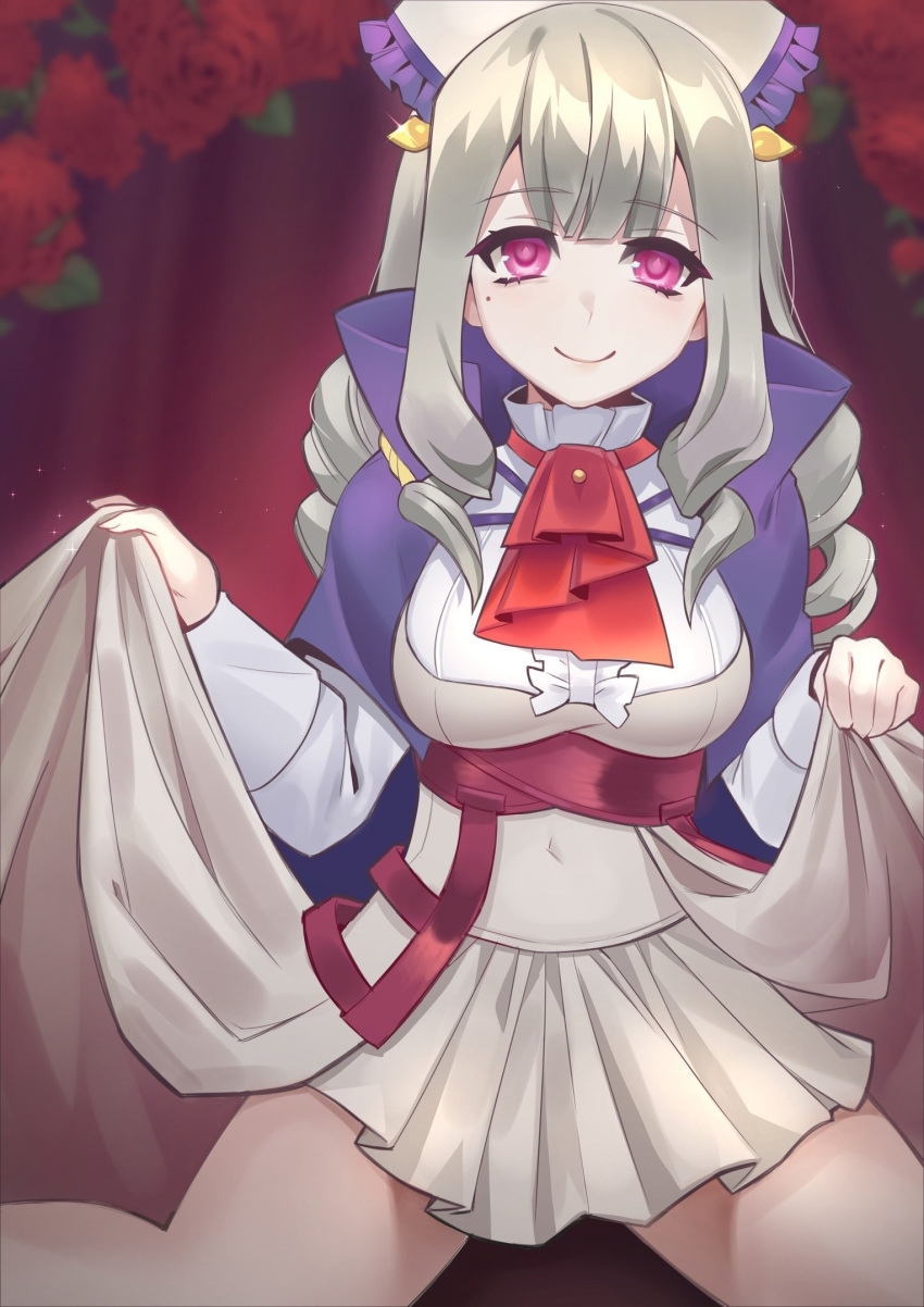 1girl breasts capelet cheshikk clothes_lift commission dress dress_lift drill_hair flower grey_hair highres kneeling kumo_desu_ga_nani_ka? large_breasts long_hair long_sleeves looking_at_viewer mole mole_under_eye purple_capelet purple_eyes red_flower red_neckwear red_rose rose sidelocks smile solo sophia_keren_(kumo_desu_ga_nani_ka?) white_dress white_headwear