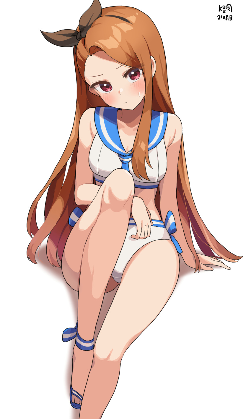 1girl bangs black_hairband blush breasts brown_hair commentary dated hairband highres idolmaster idolmaster_(classic) legs long_hair medium_breasts midriff minase_iori myeolchi parted_bangs sailor_swimsuit_(idolmaster) signature simple_background sitting solo white_background