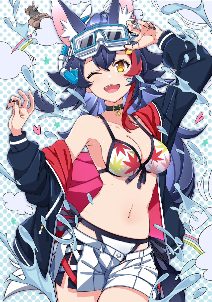 1girl ;d adjusting_goggles animal_ear_fluff animal_ears armpits bangs bikini black_choker black_hair black_jacket black_nails breasts choker cleavage cno commentary cowboy_shot crossed_bangs english_commentary goggles goggles_on_head hair_between_eyes hair_flaps hair_ornament hatotaurus_(ookami_mio) heart highres hololive jacket leaf_print long_hair looking_at_viewer maple_leaf_print medium_breasts multicolored_hair nail_polish navel off_shoulder official_alternate_costume one_eye_closed ookami_mio open_clothes open_fly open_jacket open_mouth orange_eyes polka_dot polka_dot_background print_bikini red_hair short_shorts shorts side-tie_bikini side_slit simple_background skindentation smile snorkel solo splashing stomach streaked_hair swimsuit tail two-sided_fabric two-sided_jacket very_long_hair virtual_youtuber white_background white_bikini white_hair white_shorts wolf_ears wolf_girl wolf_tail
