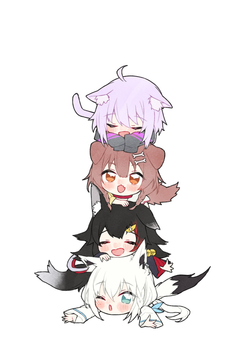 4girls :d :o animal_ear_fluff animal_ears bell black_hair black_sweater blue_eyes blush bone_hair_ornament braid brown_eyes brown_hair cat_ears cat_girl cat_tail chibi choker closed_eyes dog_ears dog_girl dog_tail fox_ears fox_girl fox_tail hair_flaps hair_ornament highres hololive hololive_gamers inugami_korone jacket jingle_bell long_hair long_sleeves looking_at_another looking_up low_ponytail low_twin_braids low_twintails multicolored_hair multiple_girls nekomata_okayu neru_(flareuptf1) one_eye_closed ookami_mio open_mouth puffy_long_sleeves puffy_sleeves purple_hair red_choker shirakami_fubuki shirt short_hair sidelocks simple_background single_braid sleeves_past_fingers sleeves_past_wrists smile stack streaked_hair sweater tail twin_braids twintails virtual_youtuber white_hair white_shirt wolf_ears wolf_girl wolf_tail yellow_jacket