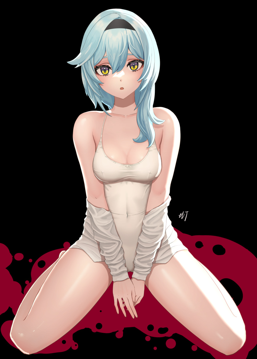 1girl absurdres bare_legs bare_shoulders black_background black_hairband blue_hair breasts chestnut_mouth cleavage collarbone covered_navel covered_nipples eula_(genshin_impact) full_body genshin_impact hairband highres large_breasts looking_at_viewer medium_breasts medium_hair multicolored multicolored_eyes purple_eyes signature sitting solo tank_top too wariza yellow_eyes