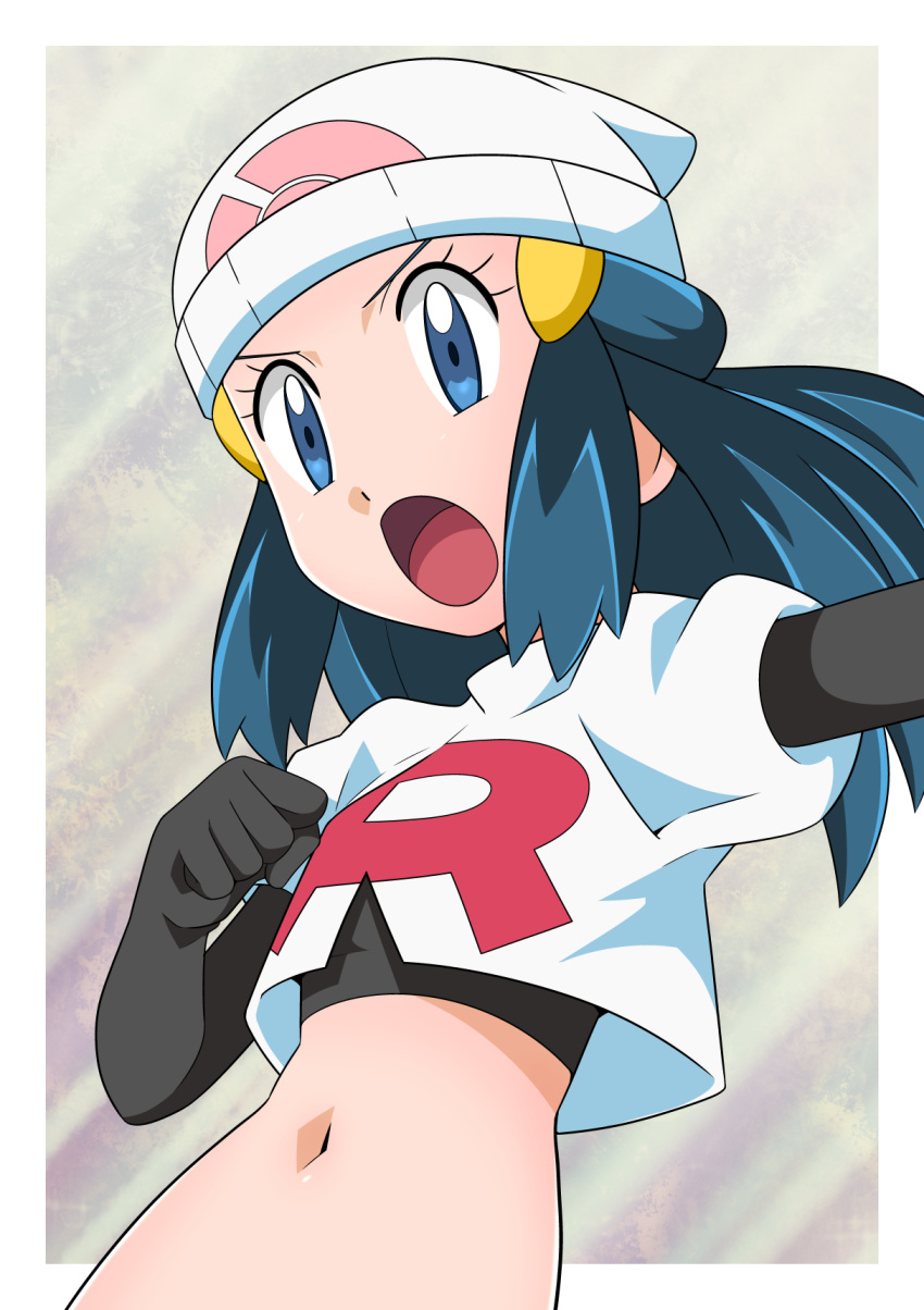 1girl beanie black_gloves blue_eyes blue_hair clenched_hand cosplay dawn_(pokemon) elbow_gloves gloves gradient gradient_background hainchu hair_ornament hairclip hat highres jessie_(pokemon) jessie_(pokemon)_(cosplay) looking_away medium_hair midriff navel open_mouth pokemon pokemon_(anime) pokemon_dppt_(anime) serious single_letter solo