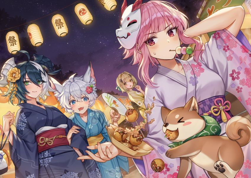 &gt;_&lt; 4girls absurdres ahoge alchemy_stars alternate_costume animal_ear_fluff animal_ears arm_hug bangs blonde_hair blue_eyes blue_hair blue_kimono blunt_bangs blush blush_stickers breasts collarbone commentary_request dango dog fang festival floral_print flower food food_in_mouth fox_mask furoshiki green_eyes hair_between_eyes hair_flower hair_intakes hair_ornament hair_ribbon hand_fan hand_in_hair hand_up highres hiiro_(alchemy_stars) holding holding_fan horns huge_filesize japanese_clothes karakusa_(pattern) kimono kinchaku lantern long_sleeves looking_at_viewer mask mask_on_head medium_breasts medium_hair mouth_drool multicolored_hair multiple_girls night night_sky obi obijime paper_fan paper_lantern philyshy_(alchemy_stars) pink_eyes pink_hair pink_kimono pouch ribbon sash sharona_(alchemy_stars) shiba_inu short_hair sidelocks sky smile stall sweatdrop takoyaki tomogy tree two-tone_hair uchiwa vice_(alchemy_stars) wagashi white_hair wide_sleeves yellow_eyes yellow_kimono yukata